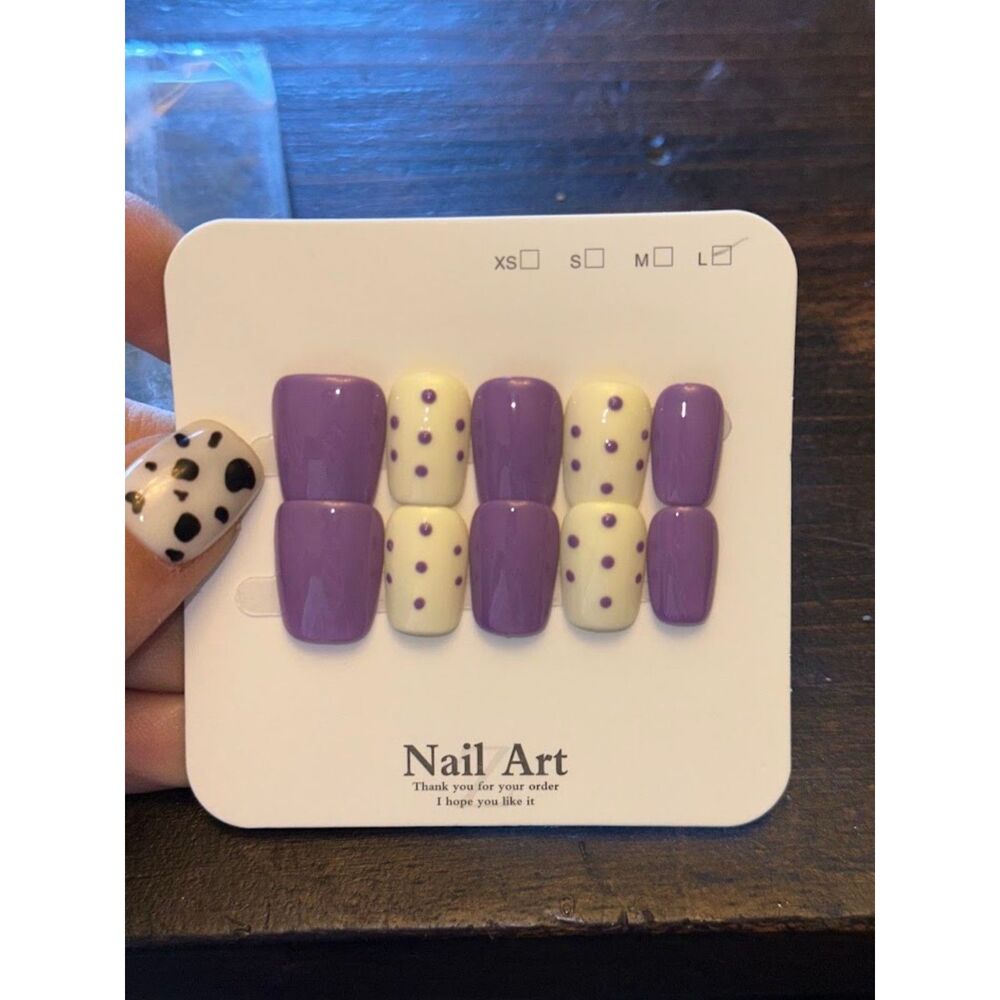 Purple & White Polka Dot Square Press On Nails Size Large
